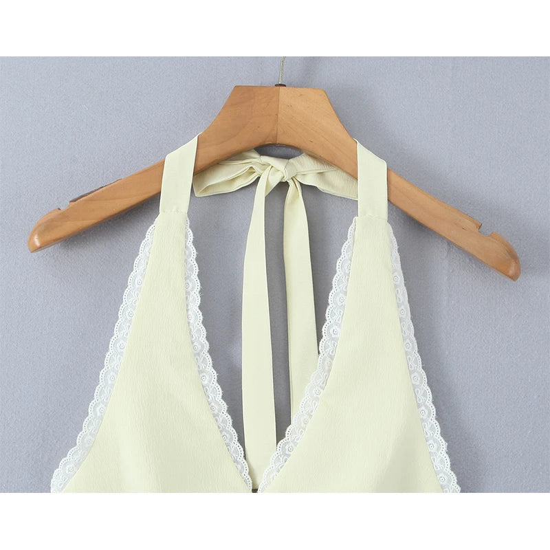 Sweet Girl Sexy Backless Halter White Lace Trim Fitted Crop Top