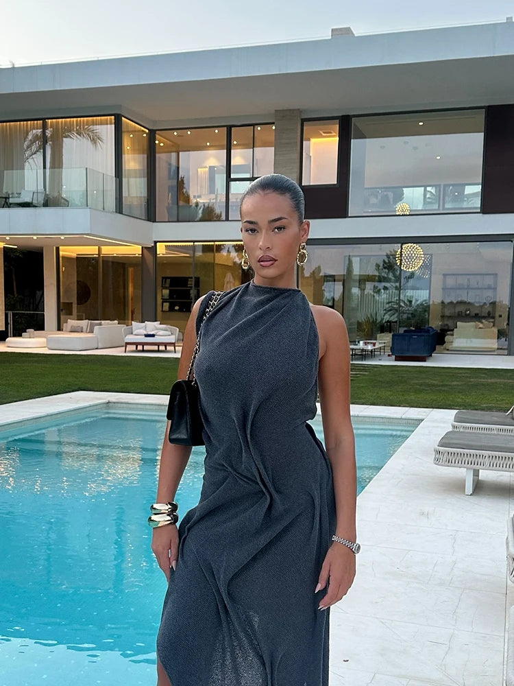 Chic Backless Off Shoulder Pleated Knee Length Dress With Irregular Silhouette