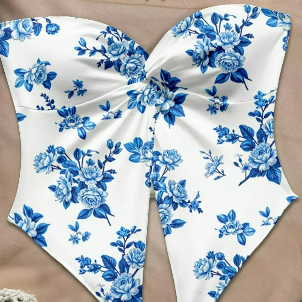 Floral Strapless Tube Top With Backless Design Tie Front And High Slit