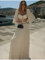 Polka Dot Square Collar Crop Top And High Waist Maxi Skirt Set Outfit