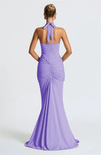 Deep V-Neck Backless Ruched Maxi Dress Halter Gown