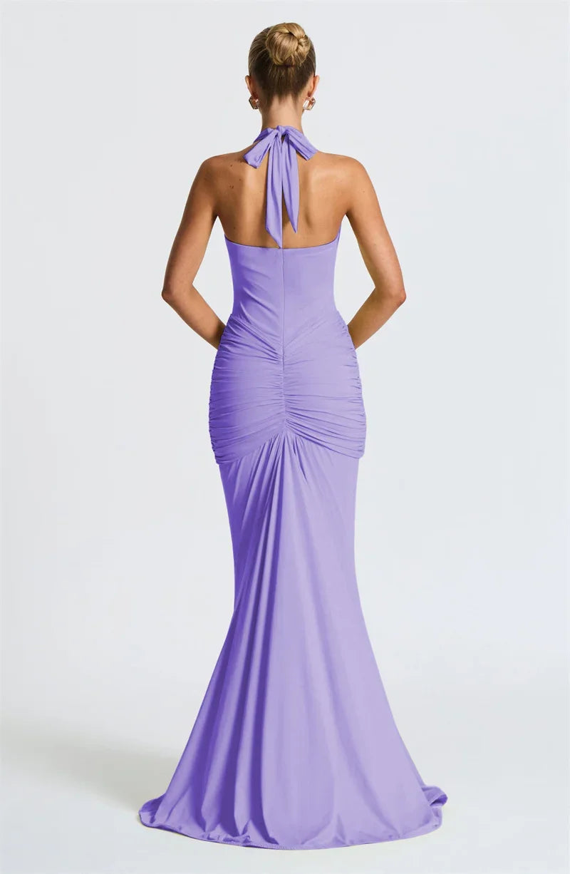 Deep V-Neck Backless Ruched Maxi Dress Halter Gown