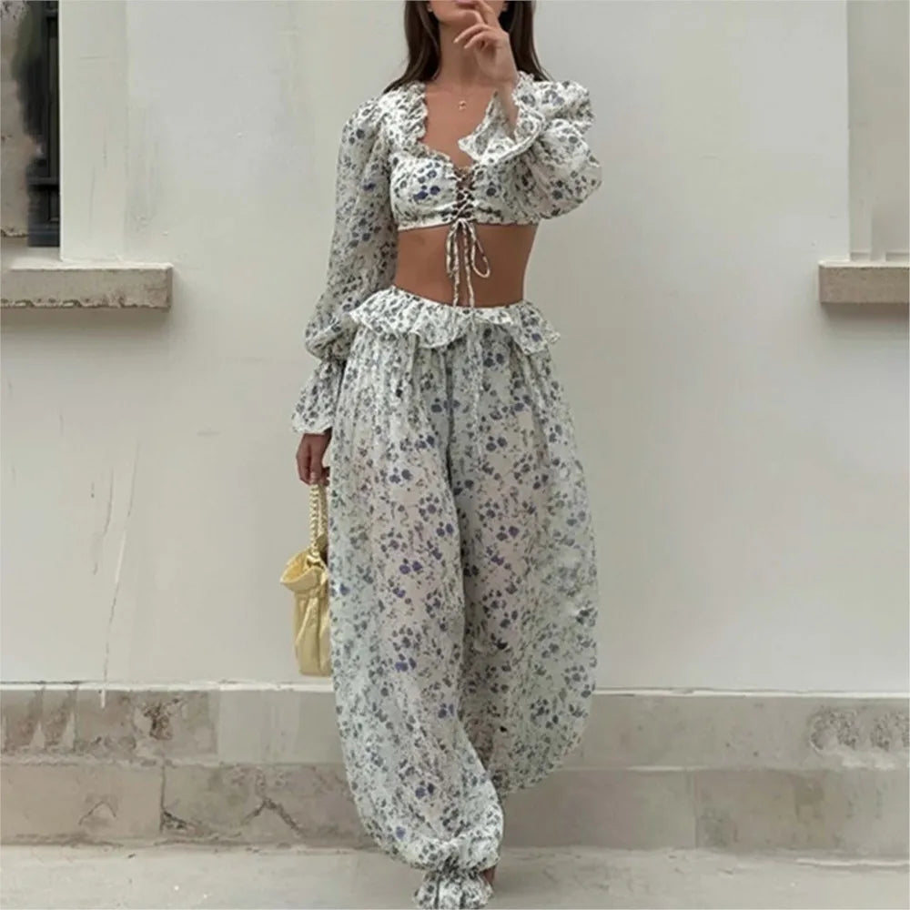 Breezy Ruffle Set With Lightweight Top And Flowing Trousers Casual Style