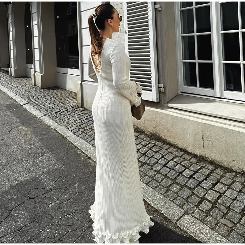White Knitted Ruffle Maxi Dress With O-Neck And Flare Sleeves