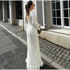 White Knitted Ruffle Maxi Dress With O-Neck And Flare Sleeves