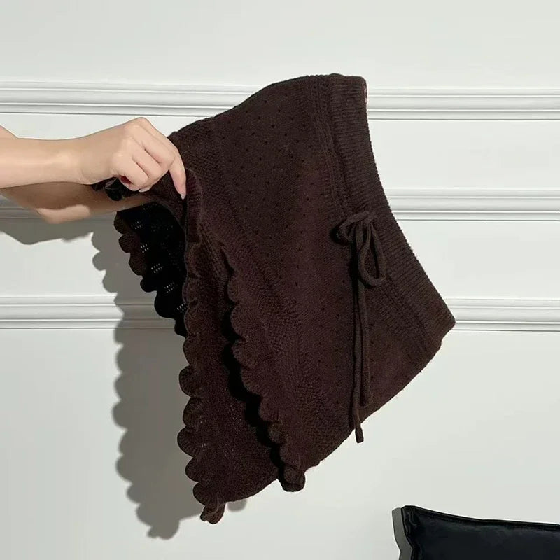 Patchwork Knit Mini Skirt With High Waist Ruffle And Hollow Out Details