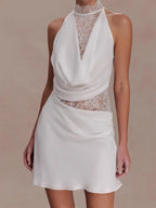 Slim Fit Lace Patchwork Satin Sleeveless Party Dress With Hollow Out Detailing White