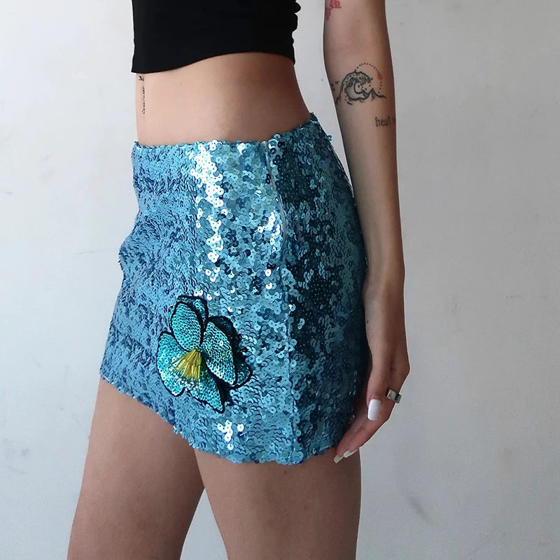Shimmer Sequin Mini Skirt With 3D Flower Trim