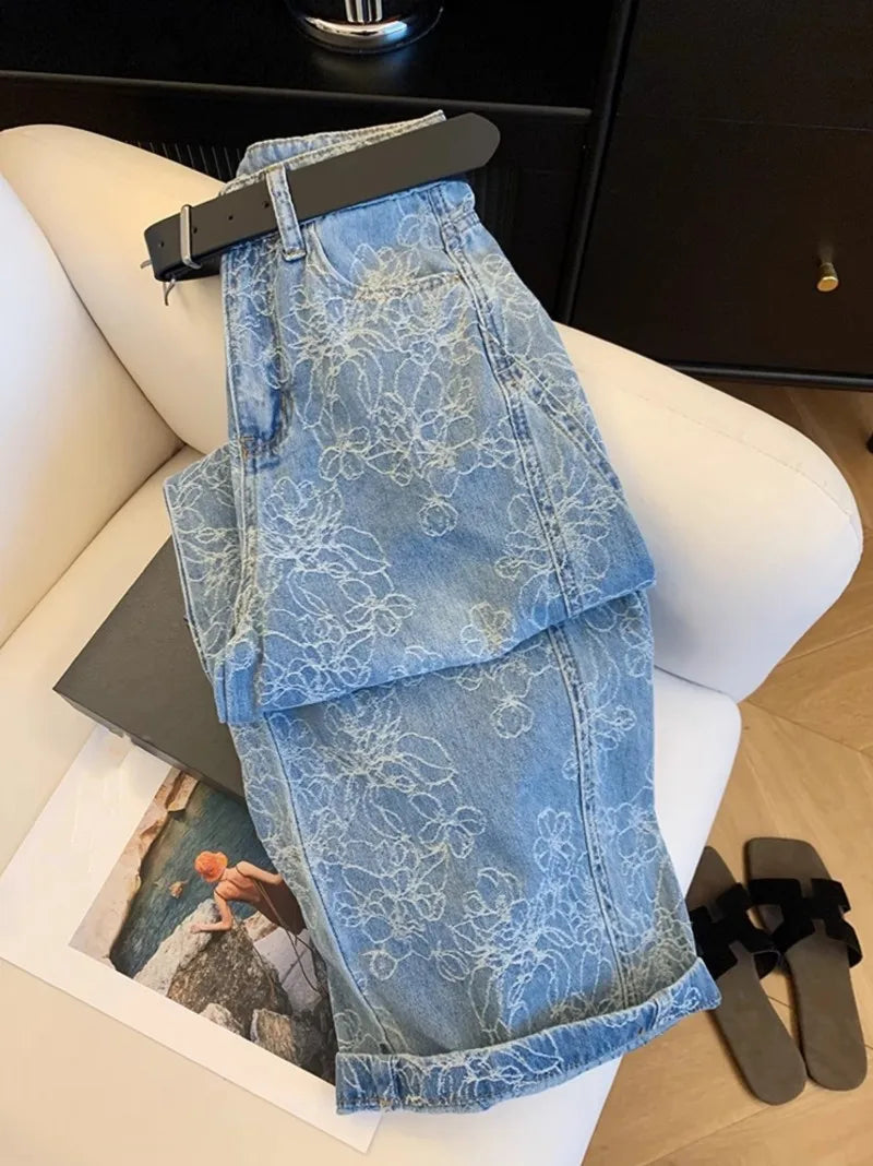 Embroidered Denim Wide Leg Jeans With Loose Fit