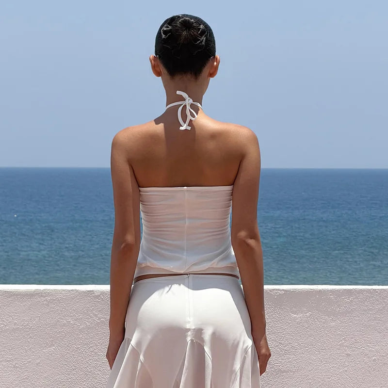 Cross Neck Backless Camisole With Waist Cinch And Pleated Detail