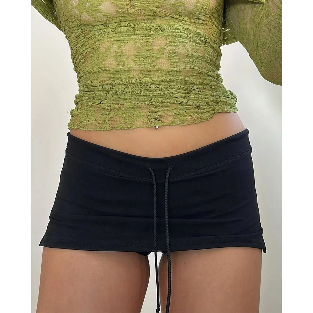 Vintage Aesthetic Mini Skirts Solid Low Waist Drawstring Bodycon Bottoms