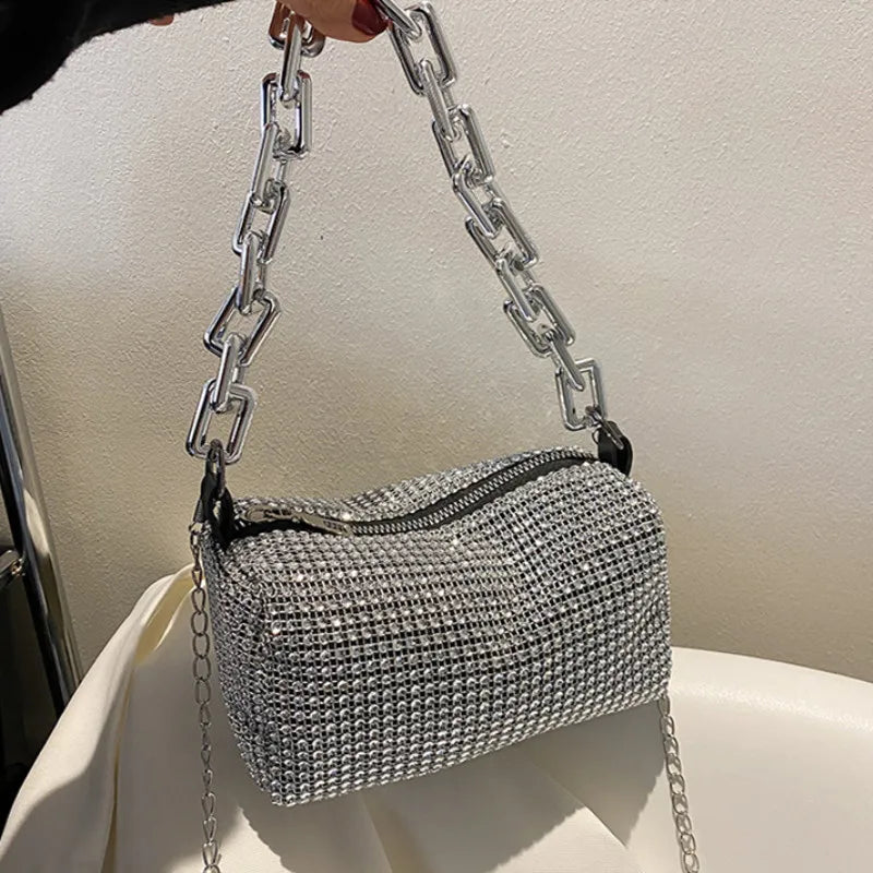 Mini Crossbody Rhinestone Bucket Bag With Glitter Chain Purse