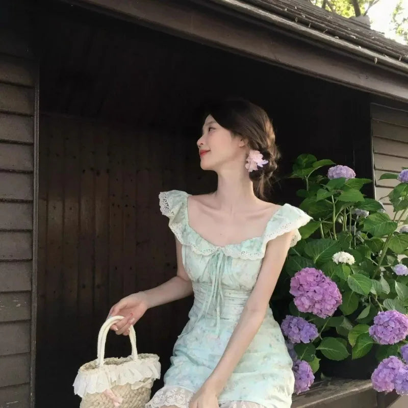 Pastel Green Floral Mini Dress With Ruffle Straps Sweetheart Neck Tie Front Cottagecore