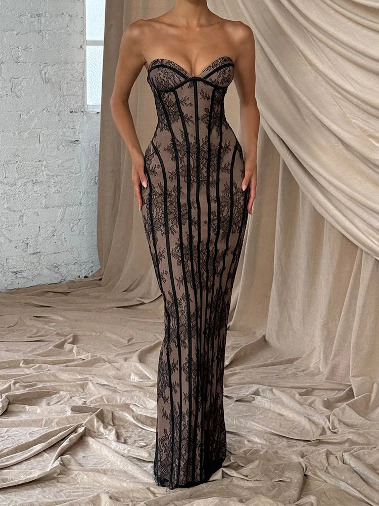 Elegant Backless Strapless Tulle Maxi Dress With Patchwork Print Off Shoulder Evening Gown