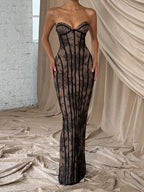 Elegant Backless Strapless Tulle Maxi Dress With Patchwork Print Off Shoulder Evening Gown