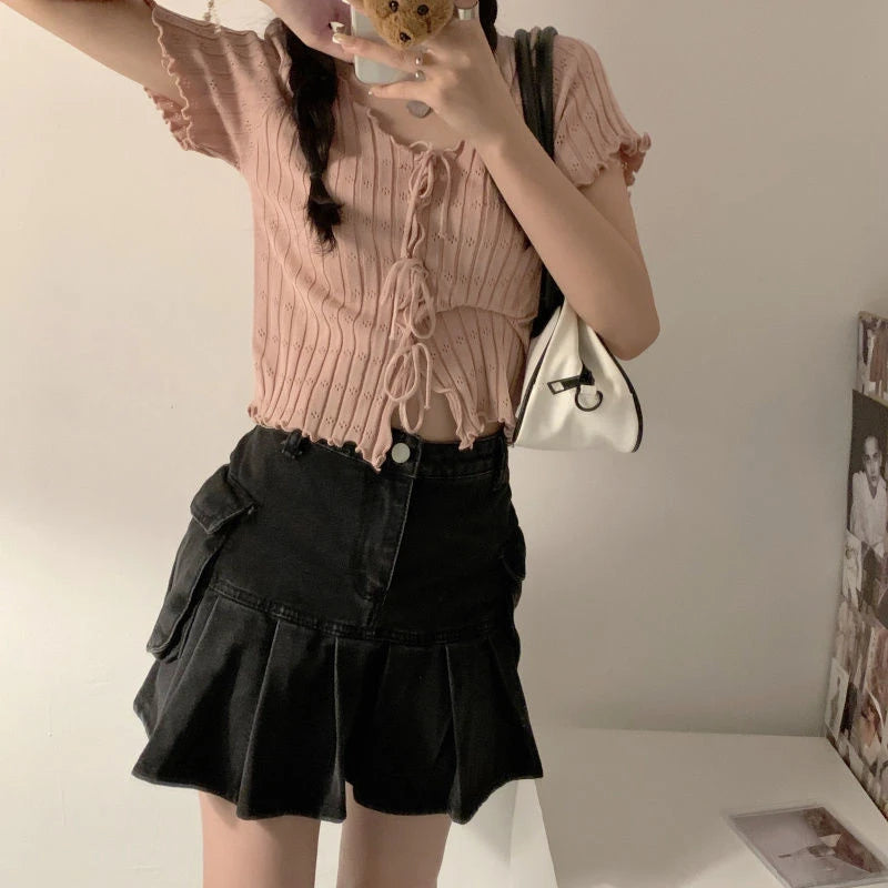 Soft Knit V Neck Cropped Ribbed Short Sleeve Tee