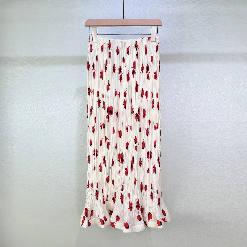 Pleated Red Print High Waist Midi Skirt And Sleeveless