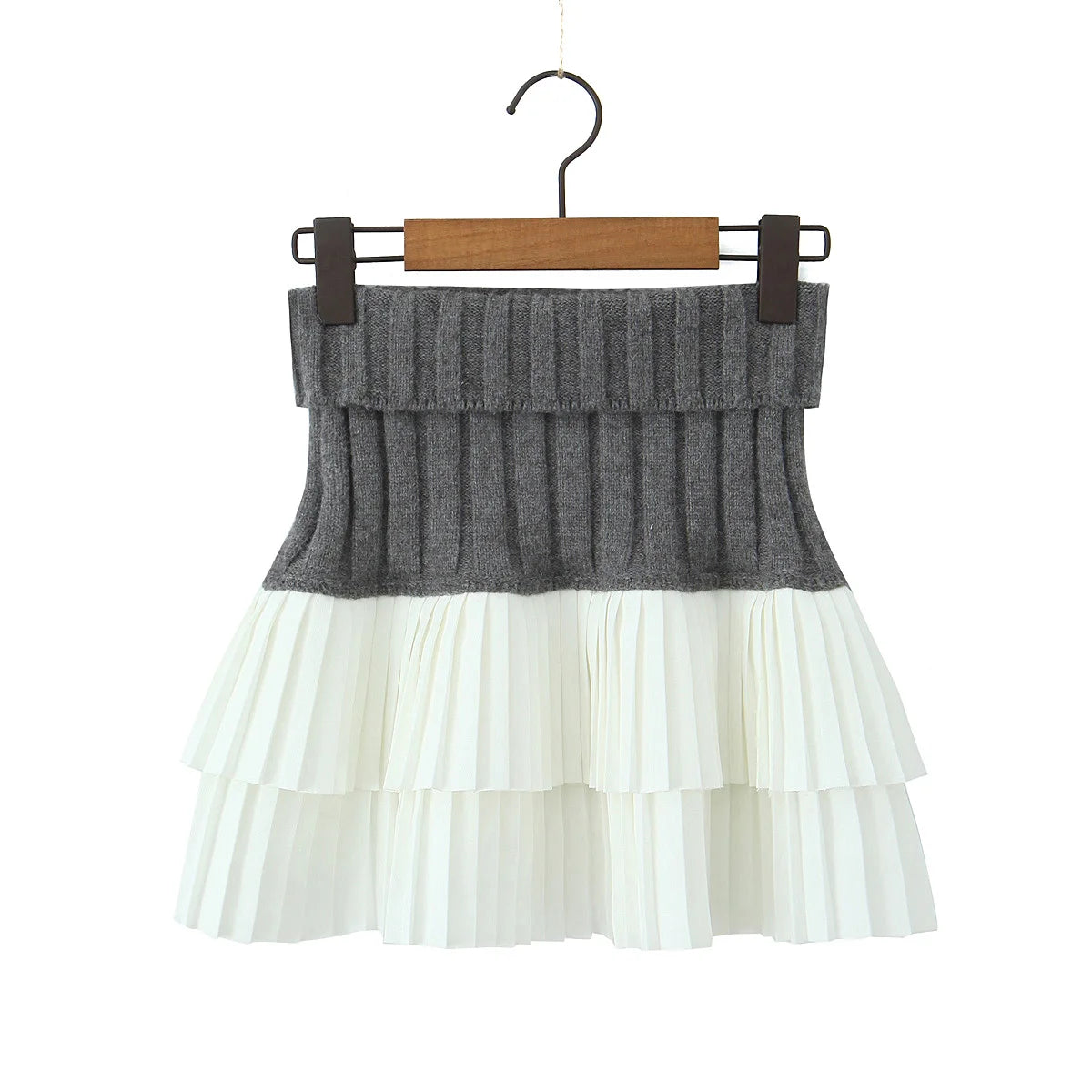 Knit Color Block Mini Skirt High Waisted Pleated