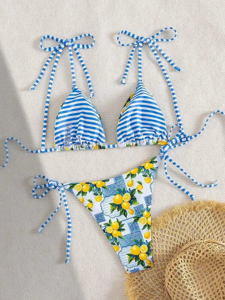 Sexy Fruits Pprint Striped Bikinis Set Two-pieces Back Tie Thong