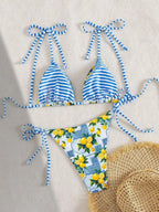 Sexy Fruits Pprint Striped Bikinis Set Two-pieces Back Tie Thong