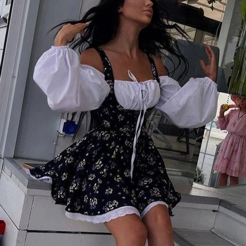 Floral Patchwork Mini Dress With Off Shoulder Square Collar Two Piece Look A Line