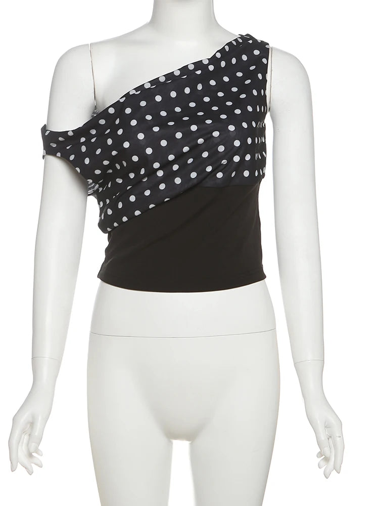 Polka Dot Off Shoulder Crop Top With Skew Collar And Ruched Backless