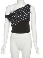 Polka Dot Off Shoulder Crop Top With Skew Collar And Ruched Backless