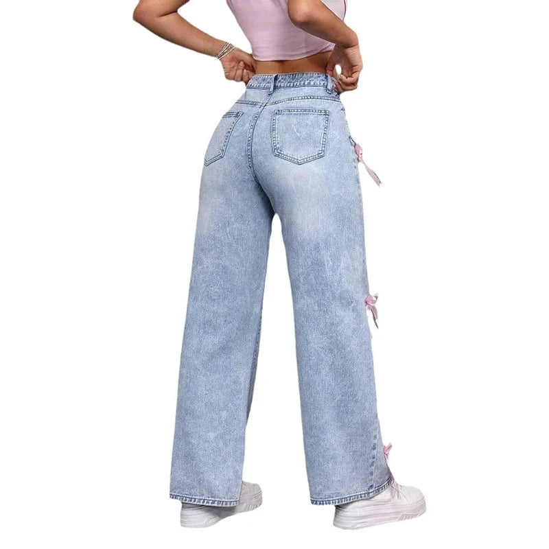 Street Chic Bowknot Denim Jeans With Loose Straight Wide Leg Silhouette In Washed Finish