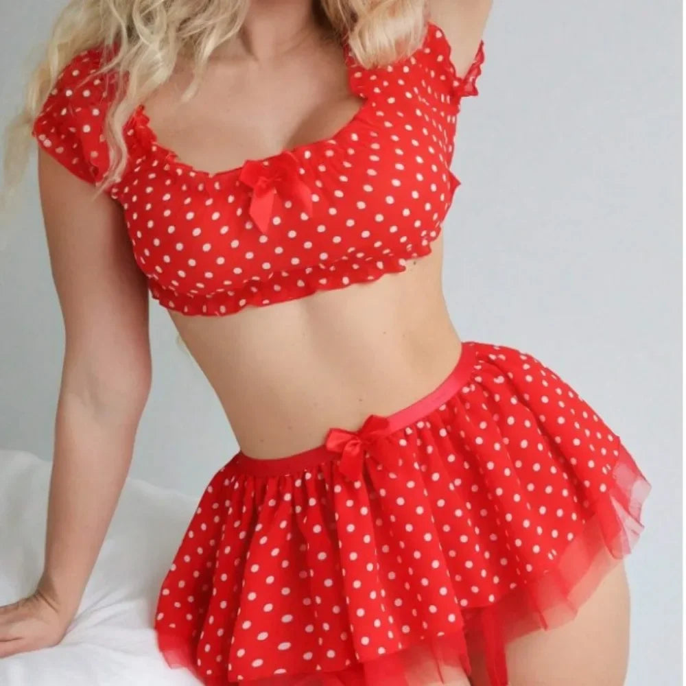 Polka Dots Tutu Lingerie Set Off Shoulder Twopiece with Plunge Bra and Satin Trim