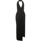 Elegant Halter Backless Maxi Dress With Deep V Neck And High Slit