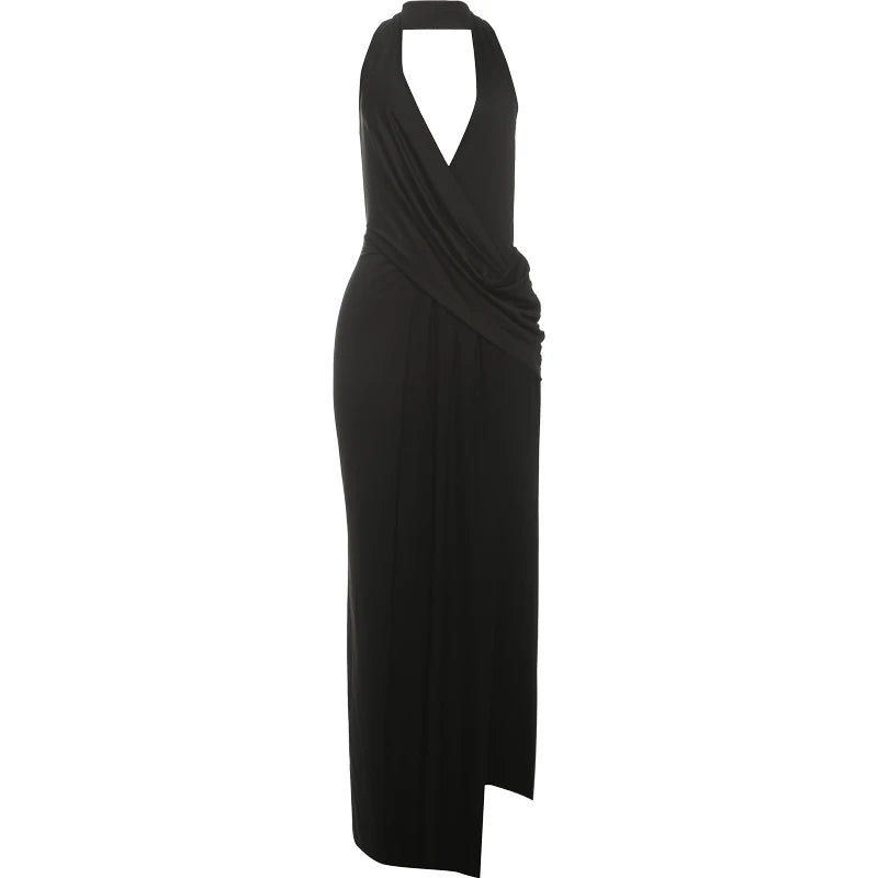 Elegant Halter Backless Maxi Dress With Deep V Neck And High Slit