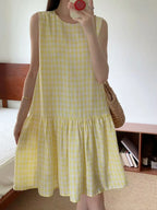 Sunny Plaid Cotton Dress Sleeveless Round Neck Vacation Dress