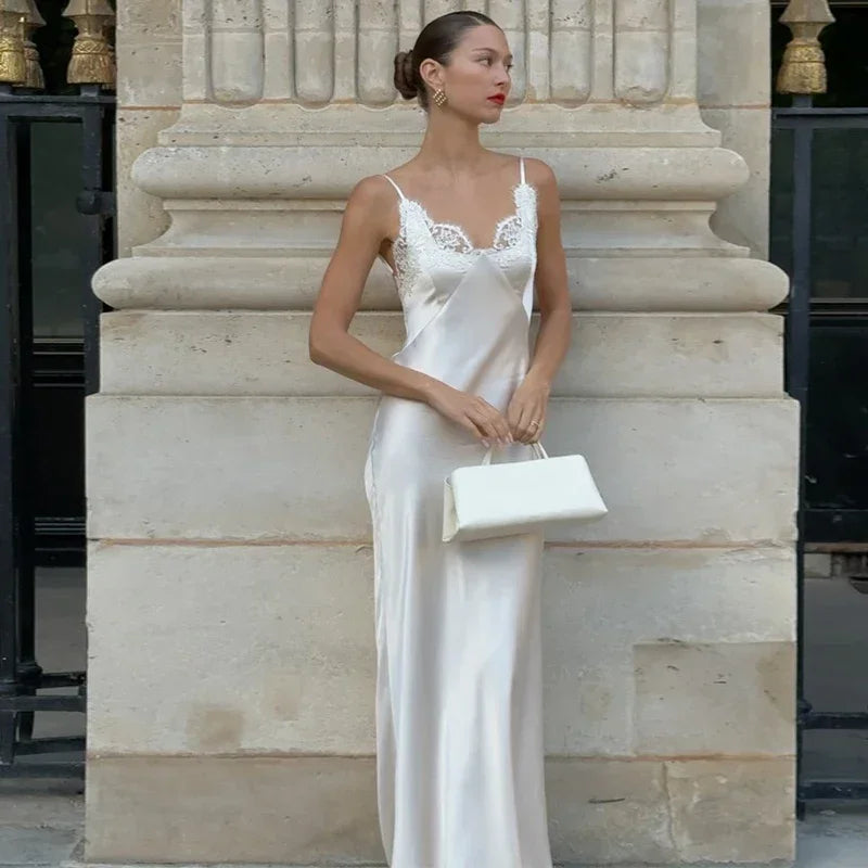 V-Neck Satin Sling Maxi Dress With Lace Patchwork Backless Evening Gown