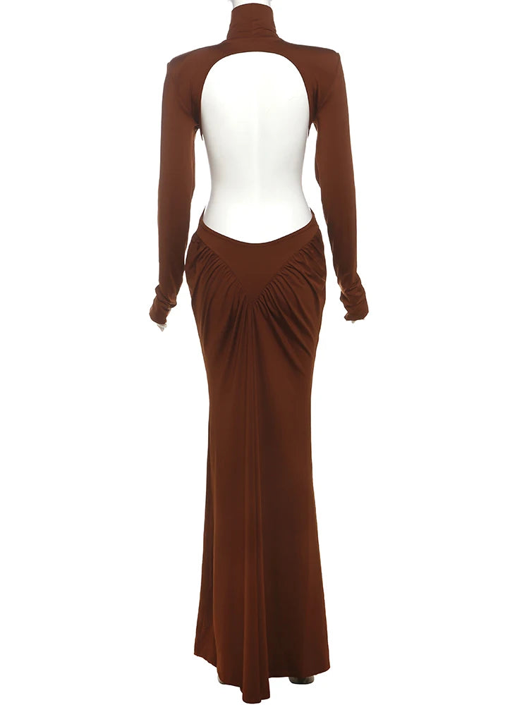 Peach Backless Maxi Dress With Waistless Silhouette And Ruched Elegance