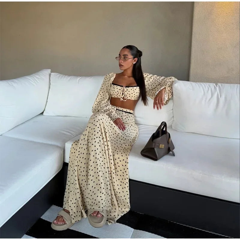 Polka Dot Square Collar Crop Top And High Waist Maxi Skirt Set Outfit