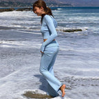 Ribbed Knit Two Piece Tracksuit Set With Hooded Crop Top And Elastic Zippered Pants
