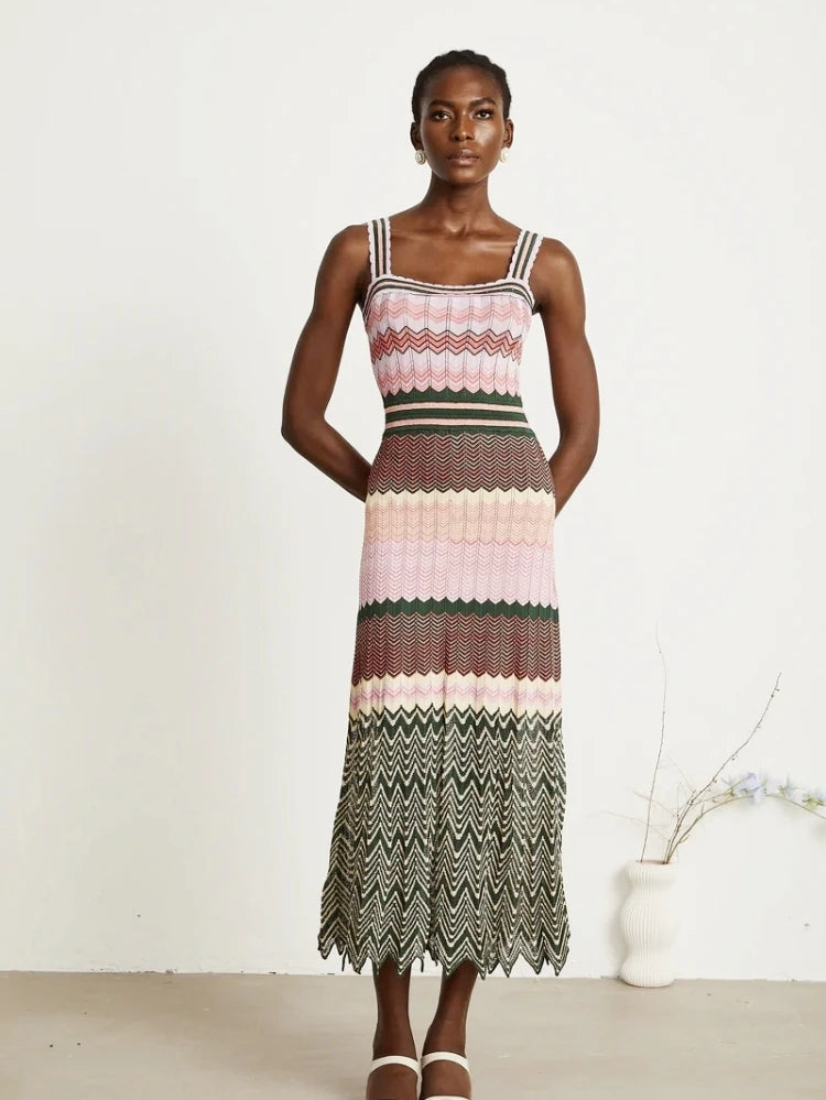 Boho Knitted Zigzag Maxi Dress For Women Sleeveless High Elasticity Long Festival Style