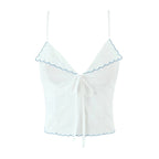 Wave Edged White Camis Sexy Bow V Neck Cotton Slim Crop Top