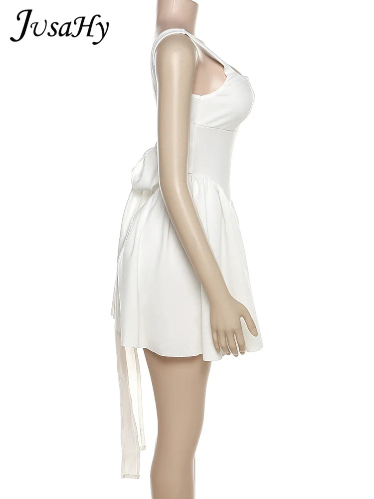 White Backless Halter Bowknot Sweet A Line Mini Dress
