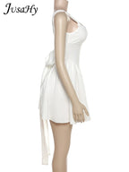 White Backless Halter Bowknot Sweet A Line Mini Dress