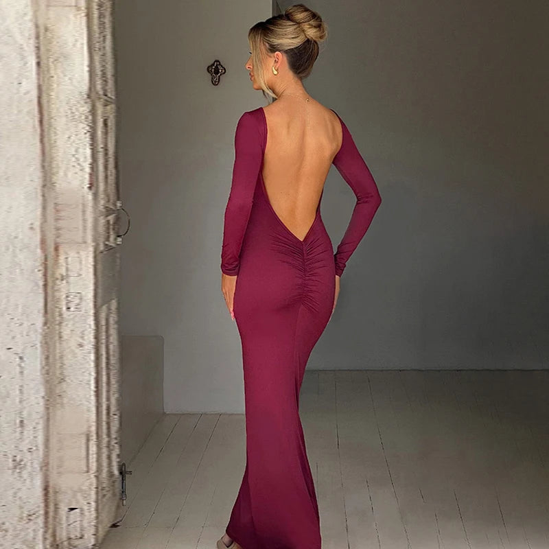 Elegant Backless Long Sleeve Maxi Dress With Bodycon Fit