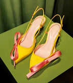 Elegant Satin Pointed Toe Slingback Kitten Heels With Bow Accent And Adjustable Ankle Strap Sandals