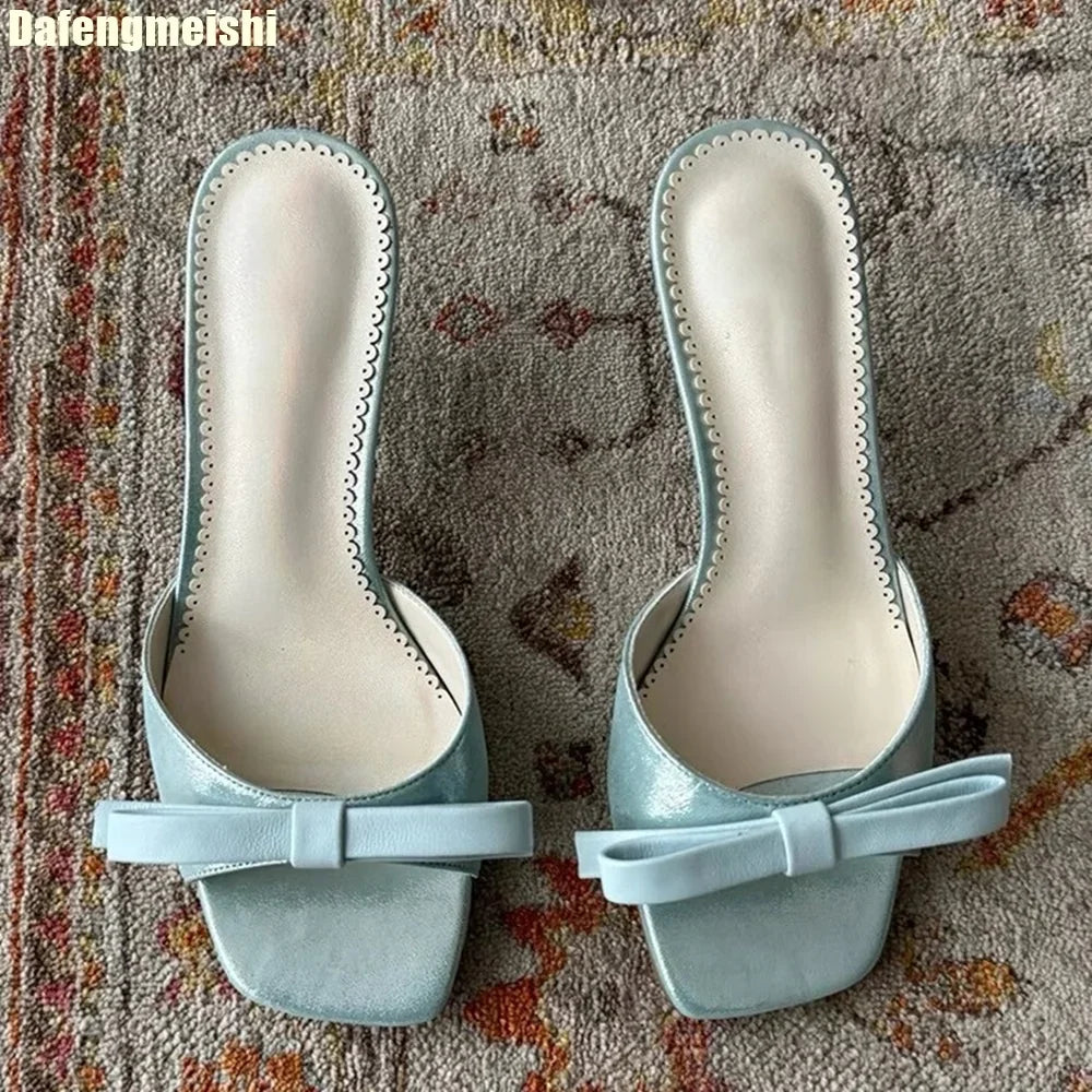 Ribbon Knot One Strap Sandals For Women Open Toe Square Front Casual Slides With Lace Sole
