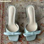 Ribbon Knot One Strap Sandals For Women Open Toe Square Front Casual Slides With Lace Sole