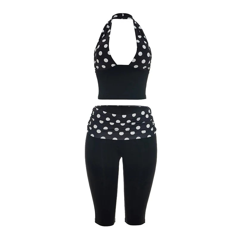 Patchwork Polka Dot Print Two Piece Set With Backless Halter Crop Top And Pleated Waist Capri Pants