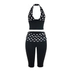 Patchwork Polka Dot Print Two Piece Set With Backless Halter Crop Top And Pleated Waist Capri Pants