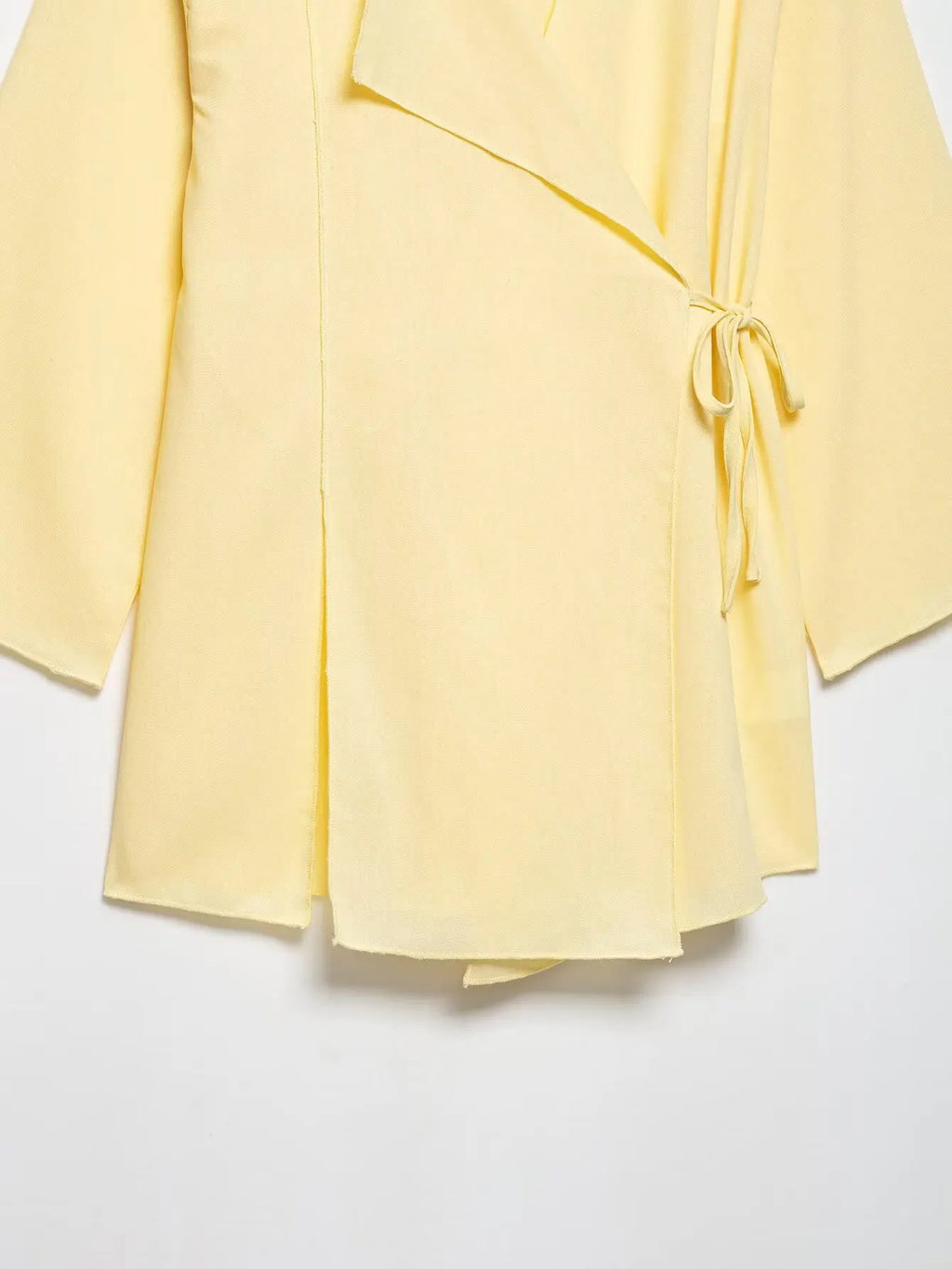 Breezy Linen Kimono Two-piece Set With Lace Up Top And Wide Leg Pants