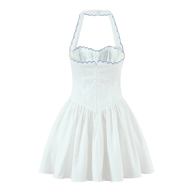 Backless Halter Embroidered White Dress For Women Elegant A Line Mini Dress