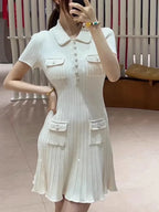 Polo Neck Knit Dress With Elastic Slim Fit And Multi Pocket Wrapped Hip Skirt