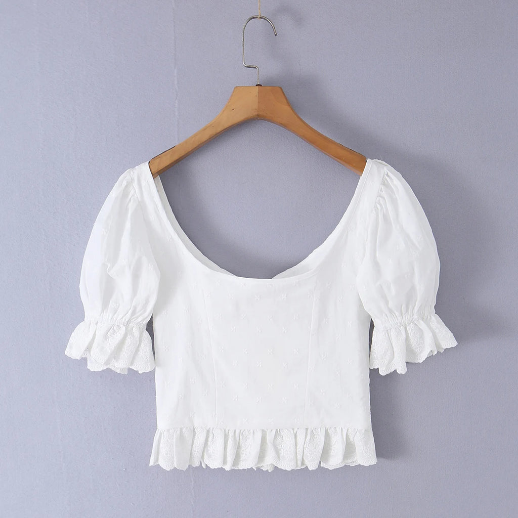 Sweet White Embroidered Floral Crop Shirt With V Neck Puff Sleeves And Ruffle Hem Slim Fit